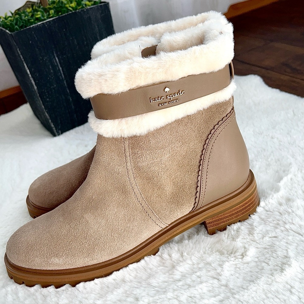 Kate Spade Bailee Winter Boots Rustic Brown Suede Faux Fur Lug Sole Size 8.5 - Picture 7 of 13
